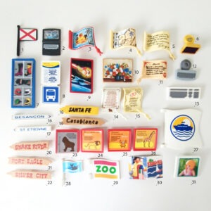 Playmobil Landkaart, bushalte, schilderij, laptop, stempel, vlag, aanwijsbord, brief, dierentuin vlaggen en borden
